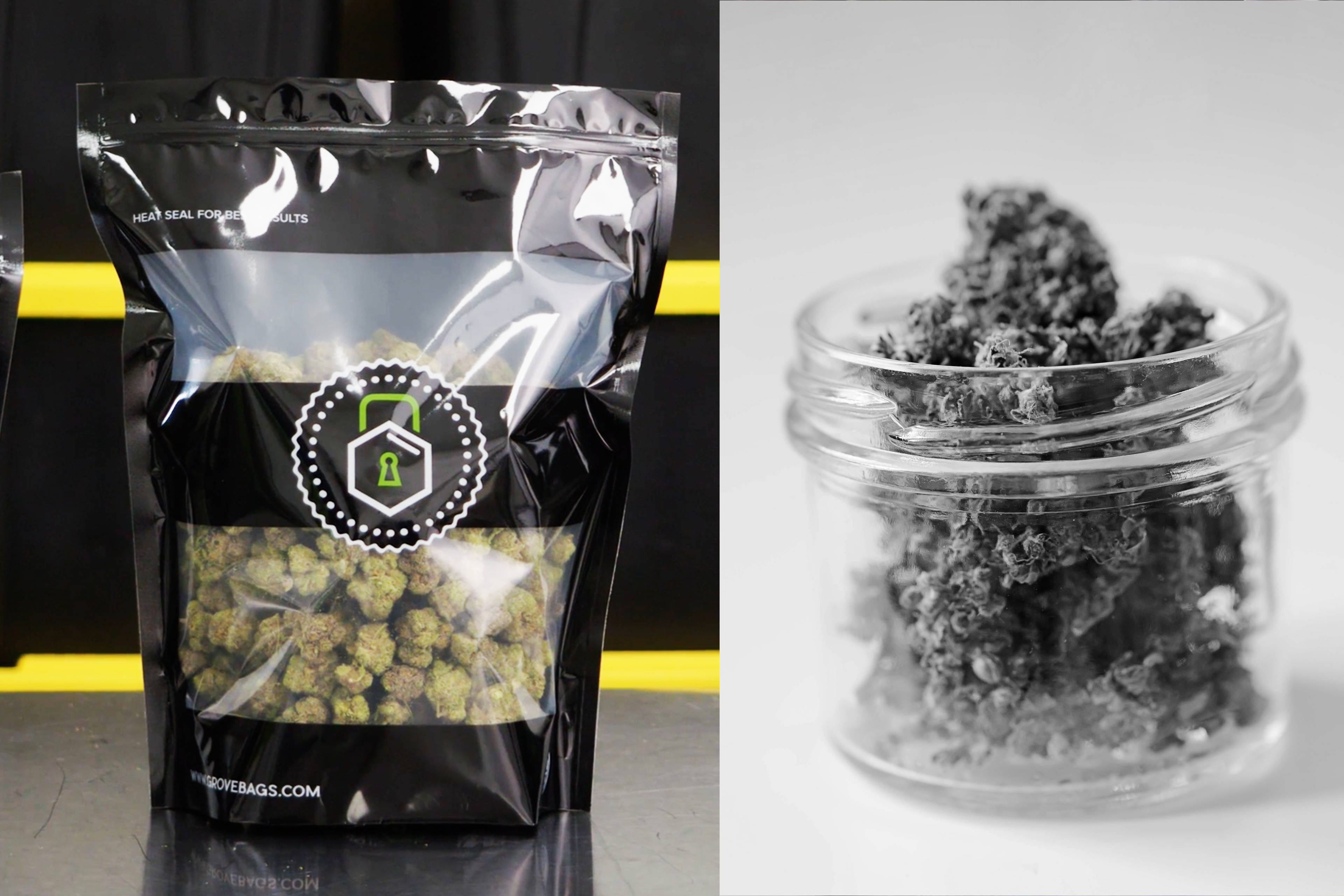 A Grove Bag filled with cannabis next to a jar of cannabis